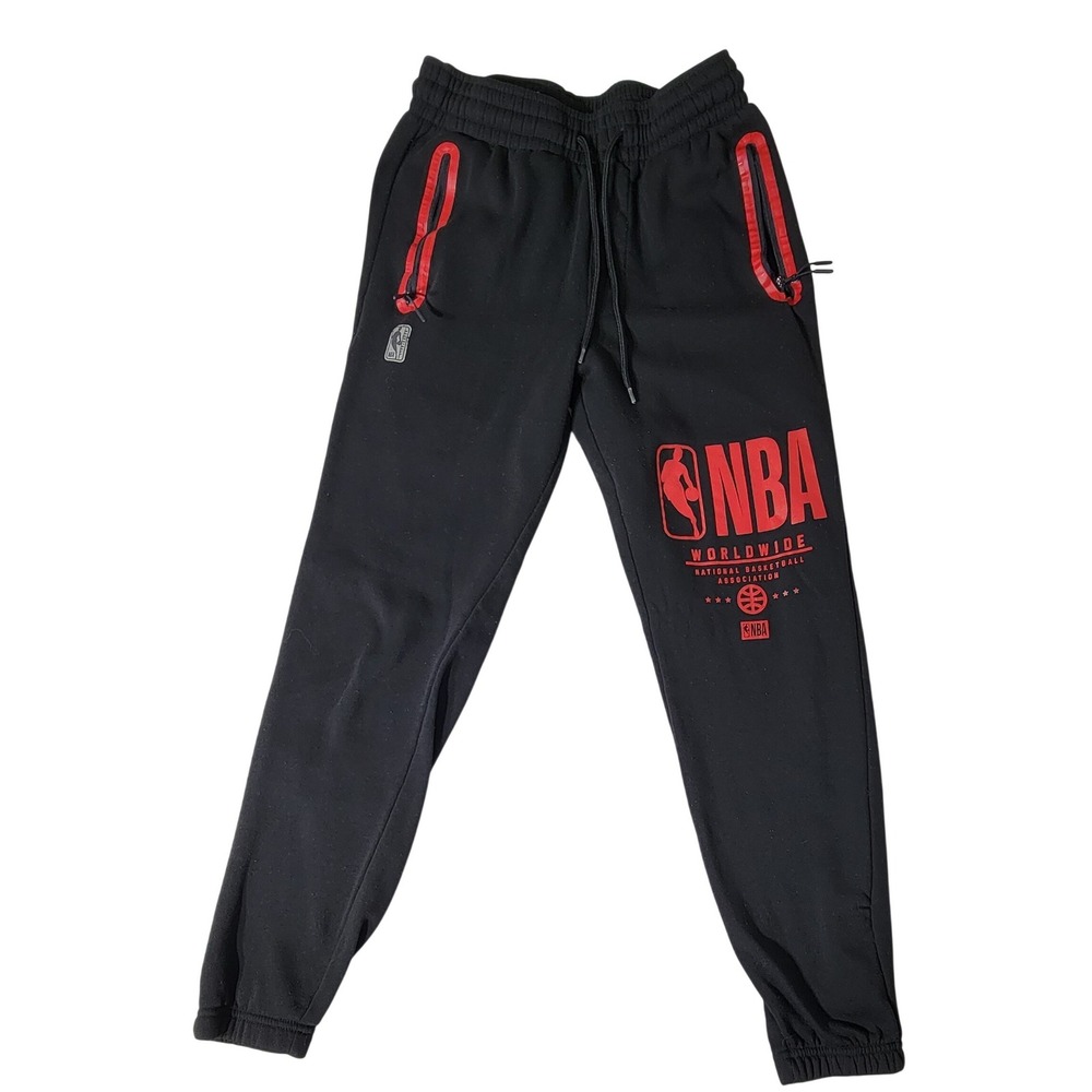 NBA Worldwide Mens Small Black Red Graphic Jogger Sweatpants‎ Taped Zip Pockets